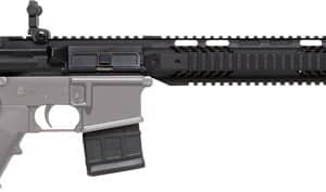 AR-style semi-automatic rifle with collapsible stock, pistol grip, and long quad-rail handguard with a detachable magazine in place