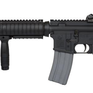 Black semi-automatic rifle with a vertical foregrip, rails, front sight, and a gray detachable magazine on a white background