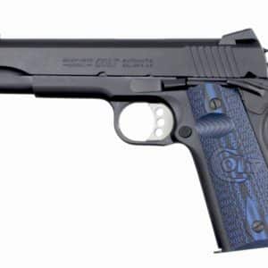 Handgun with a blue textured grip, side view of a Colt Government Model .45 pistol