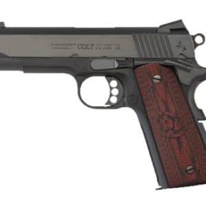Colt 1911-style semi-automatic pistol with brown wooden grip, shown in side profile.