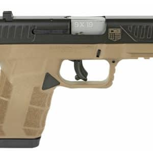 Tan polymer-framed semi-automatic pistol with a black slide, textured grip, and 9x19 marking on the slide (Diamondback Firearms).