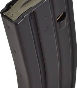 Black detachable pistol magazine with a visible top feed lip and curved body, shown upright against a white background.
