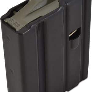 Black pistol magazine with a gray metal top, shown at an angled view from the side.