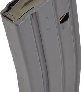 Gray aluminum AR-15 rifle magazine with 30-round capacity, stamped '5.56' on the top/feed lips.