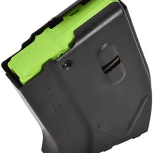 Black battery cartridge with lime-green internal component and release latch, viewed at an angle.