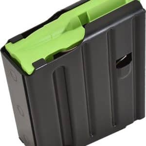 Black detachable rifle magazine with a bright green follower visible at the top edge (magazine for a firearm).