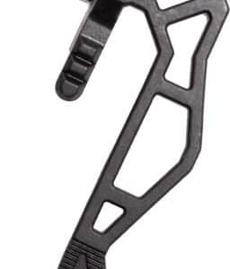 Close-up of a black bicycle derailleur pulley cage with a small pulley at the bottom and mounting point on the top.