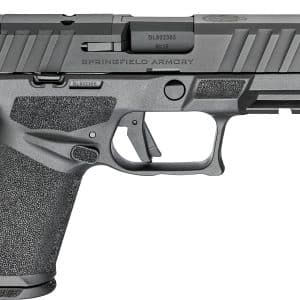 Side view of a gray semi-automatic pistol with a textured grip and Springfield Armory slide