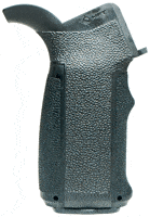 Textured black pistol grip from a firearm (close-up view).