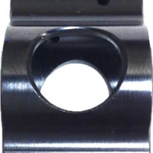 Close-up of a shiny metal mounting clamp with a circular central hole and two small holes at the bottom, likely used to hold a rod or pipe.