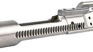 Silver rifle upper receiver and barrel assembly with a ventilated handguard, shown from the side.