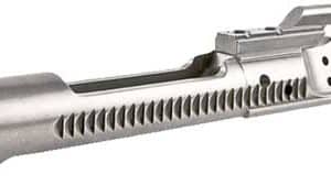 Profile view of a silver firearm barrel and upper receiver with vented handguard and sight.