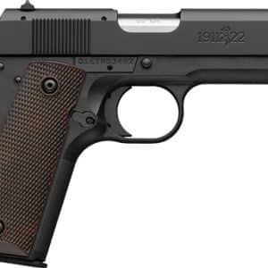 Side view of a black 1911-style semi-automatic pistol with a brown textured grip at left profile.