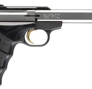 Side view of a semi-automatic pistol with a textured black grip and a long silver slide.