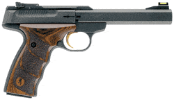 Semi-automatic pistol with a dark metal slide and wooden grip panels.