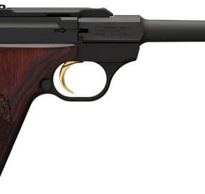 Side view of a black semi-automatic pistol with a wooden checkered grip and gold trigger