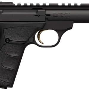 Side view of a black semi-automatic handgun with a textured grip and top rail.