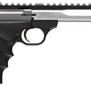 Semi-automatic handgun with black grip and silver slide, featuring a top rail and iron sights