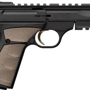 Semi-automatic handgun with black frame and tan textured grip, shown in profile with a top rail and trigger guard visible