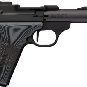 Side view of a black semi-automatic pistol with a long barrel and textured grip.