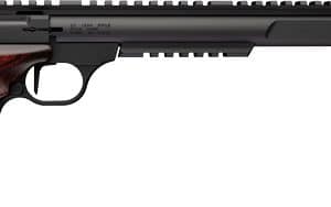 Semi-automatic pistol with a dark wood grip and black metal frame, shown in profile.
