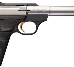 Left-facing side view of a silver and black semi-automatic pistol with a textured grip and trigger guard visible.