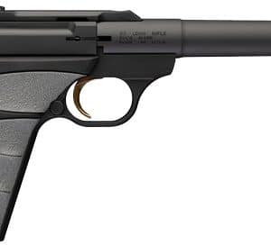 Side view of a black semi-automatic pistol with a long barrel and textured grip.