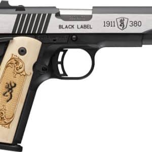 Semi-automatic pistol with light wood grip panels and a silver slide marked Black Label 1911 .380