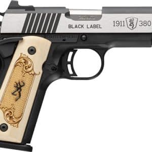 Semi-automatic pistol in a side view with a silver slide, black frame, and beige carved grips labeled 'Black Label'.
