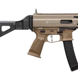 Tan semi-automatic rifle with an adjustable stock, pistol grip, and Picatinny rail system along a tan upper receiver and handguard; a curved magazine is inserted.