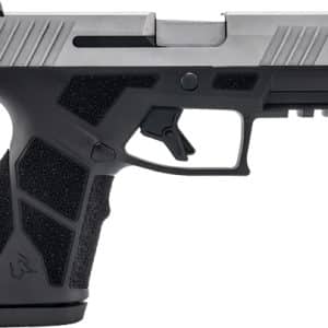 Semi-automatic pistol shown in side profile with black grip and silver slide.