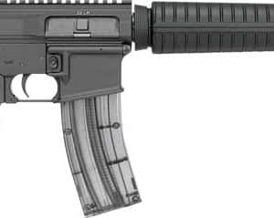 Black semi-automatic rifle with collapsible stock, long handguard, and curved magazine shown in profile.