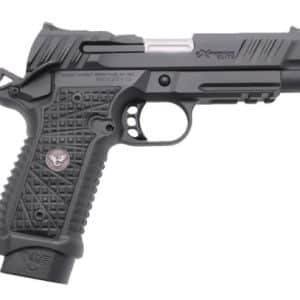 Black semi-automatic handgun with a textured grip and a silver slide, shown from the side.