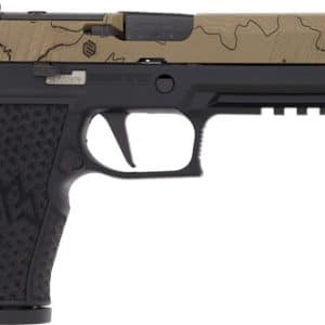 Semi-automatic pistol with a black frame and tan camouflage slide, shown in profile