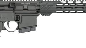 AR-15 style rifle shown in profile with adjustable stock, pistol grip, magazine, and quad-rail handguard
