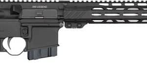 AR-style semi-automatic rifle with collapsible stock, pistol grip, and long Picatinny handguard featuring a muzzle brake