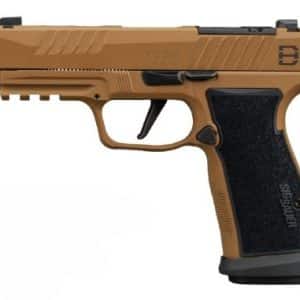 Tan semi-automatic pistol in profile with black grip and top sights.