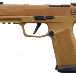 Tan semi-automatic pistol with textured grip and accessory rail, shown in side profile.