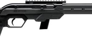 Precision black sniper-style rifle with adjustable stock and long, slim barrel and tactical fore-end rail system