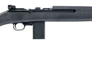 Black semi-automatic rifle shown in side profile with a detachable mag and fixed stock