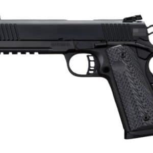 Side view of a black semi-automatic pistol with a textured grip and serrated slide