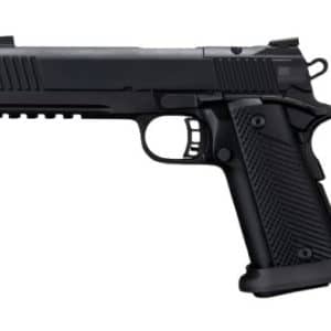 Black semi-automatic handgun shown in profile with a textured grip and accessory rail