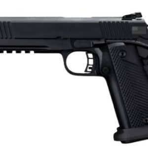 Side view of a black semi-automatic pistol with a textured grip and serrated slide.