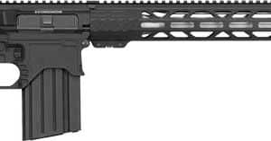 Black semi-automatic rifle with a collapsible stock, pistol grip, 30‑round magazine, and a quad‑rail handguard with a muzzle device.