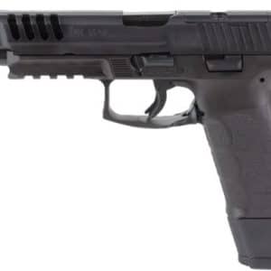Black semi-automatic pistol with textured grip and accessory rail on a white background, viewed from the side