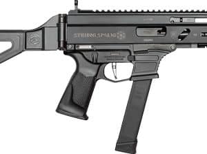 Black semi-automatic rifle with a folding stock, Picatinny rails, vertical foregrip, and a downward magazine.