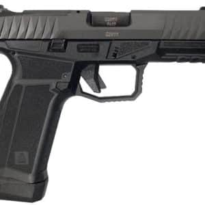 Black semi-automatic handgun with textured grip and accessory rail, shown in profile.