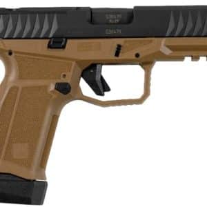 Tan and black semi-automatic pistol with a textured grip and accessory rail, shown from the left.