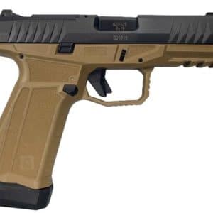 Tan polymer-frame semi-automatic pistol with a black slide and textured grip, shown in profile.