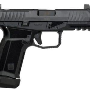 Black semi-automatic pistol shown from the left, with textured grip and top tactical rail.